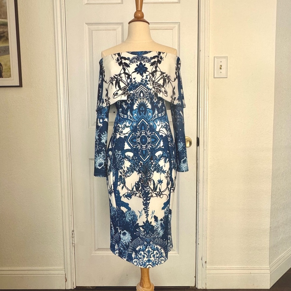 ASOS Blue and White Long Sleeve Sheath Dress